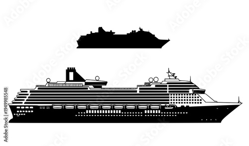 Cruise ship and boat silhouettes set large passenger liner maritime transport vector isolated on white