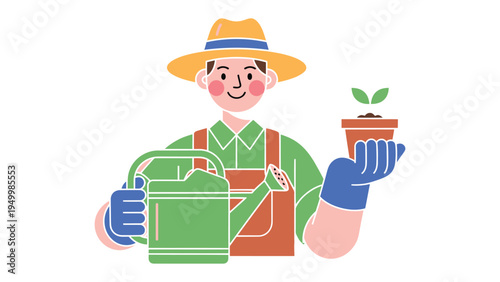 Gardener's Green Thumb: An illustration showcases a gardener in a green shirt and a yellow hat, nurturing a young plant with a watering can and a pot. 