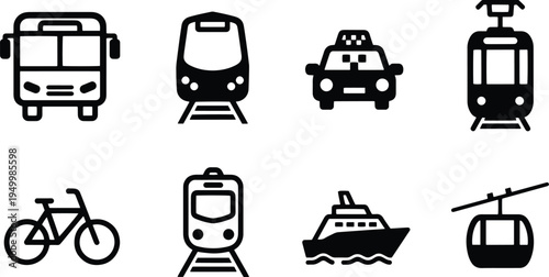 A set of vector line art silhouettes depicting various modes of transportation in a bundle of icons