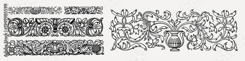 Ornate vintage floral borders design element vector set