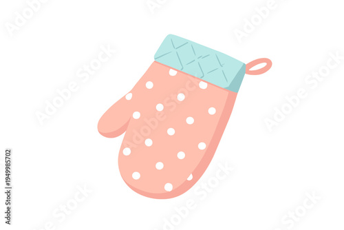 This vector illustration features a salmon pink oven mitt decorated