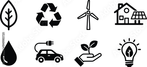 A set of eco-friendly vector icons for sustainable living and renewable energy concepts