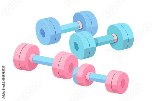 A set of four 3D-style dumbbells in pastel pink and blue colors