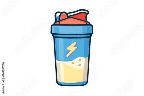 This vector art features a blue fitness shaker bottle with a