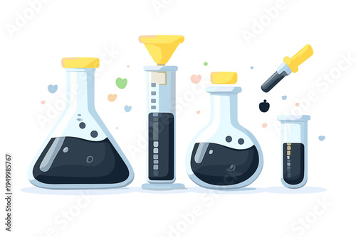 A collection of laboratory glassware including an Erlenmeyer flask