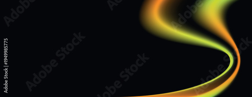 Abstract background with a black background and flowing neon lines. The black background contrasts with vibrant yellow and green curves. Minimal abstract wavy gradient vector background