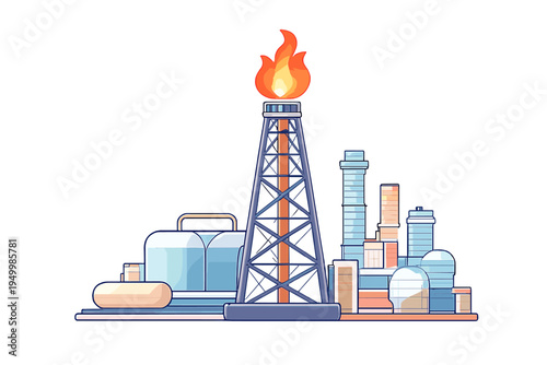 A flat vector illustration of an oil refinery and gas plant featuring