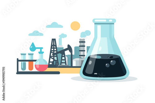 A flat vector illustration showing a large flask of crude oil in the