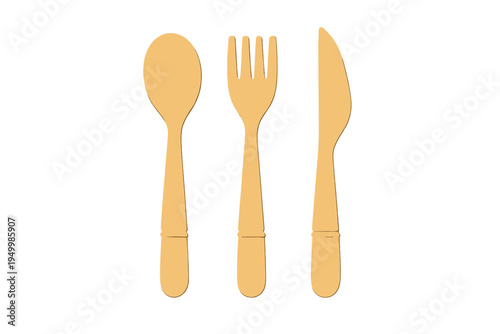A set of wooden cutlery icons including a spoon, fork, and knife