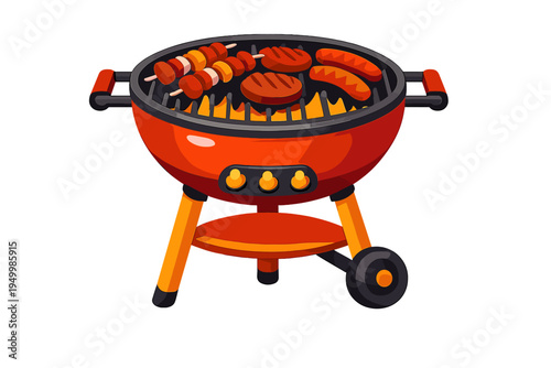 A cartoon illustration of a red kettle barbecue grill cooking