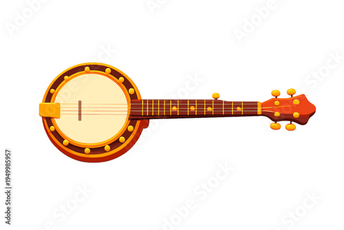 A stylized 3D vector illustration of a five-string banjo isolated on