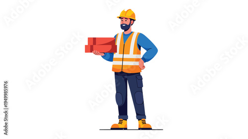Construction Worker with Bricks: A focused construction worker stands tall, confidently holding a stack of red bricks, embodying the strength and dedication of the construction trade.