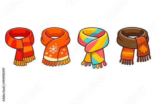 A set of four colorful cartoon scarves isolated on a white background