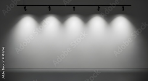 Spotlights casting dramatic shadows on a plain white wall in an art gallery setting