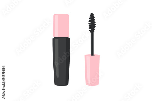 A vector illustration of a black mascara tube with a pink cap and a