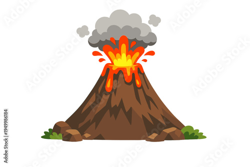 A flat vector illustration of an erupting volcano with bright orange