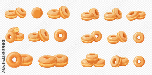 Set of delicious plain donuts with various arrangements, perfect for sweet snack illustrations.