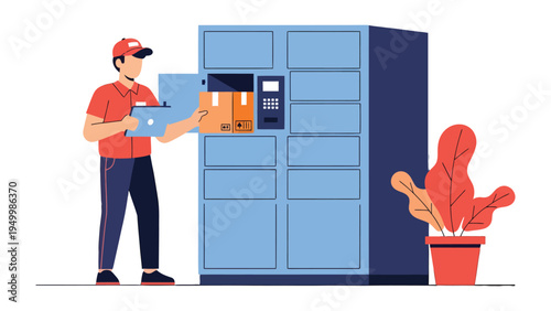 Delivery Locker Service: A diligent delivery worker efficiently manages parcel retrieval, exemplifying reliable and secure package handling within a modern locker system.