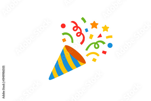 A flat vector illustration of a colorful party popper exploding with
