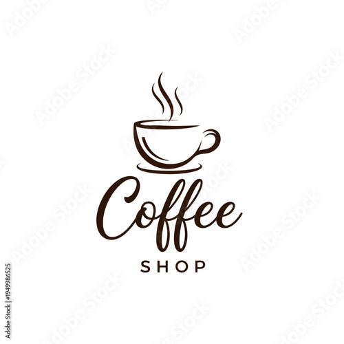 Elegant Coffee Shop Logo with Steaming Cup and Script Text.