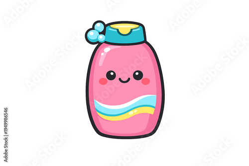Kawaii pink bottle character with a friendly smiling face, teal cap