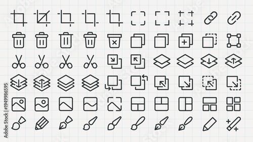 A grid of 48 black and white editing icons, including crop, delete, and link. Icons for layers, resizing, and drawing tools are also featured in this collection. User interface icons, vector set.