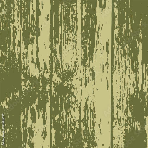 Peeled painted wooden planks. Old shabby wooden board. Khaki green monochrome background. Distress two color realistic texture. Aged splatter crumb wall backdrop. Vector grunge wallpaper