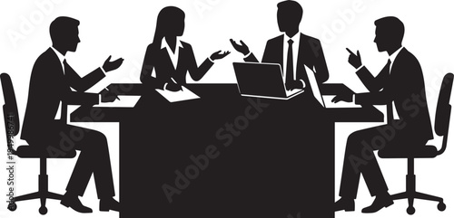 A black silhouette illustration of a professional business team engaged in a meeting at a desk Vector, illustration