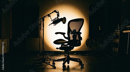 A dimly lit recording studio with a silhouette of an office chair and a microphone, creating a dramatic ambiance. Generative AI.