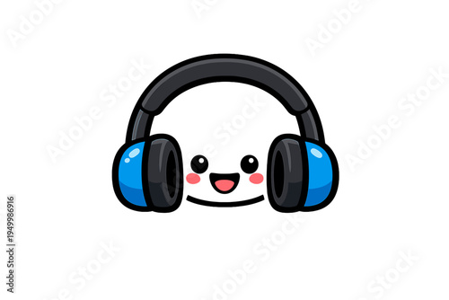 A cute cartoon character with a happy smiling face wearing large blue