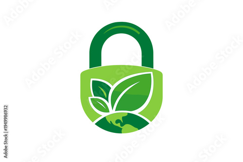 A green padlock icon featuring a globe and vibrant leaves