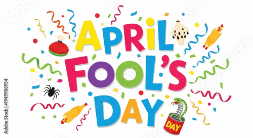 Colorful april fool's day celebration graphic with confetti and prank items on white background