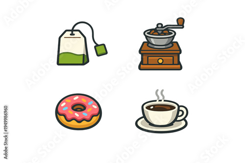 A collection of four vector icons featuring a green tea bag, a manual