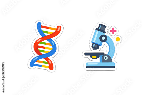 A flat vector illustration featuring a colorful DNA double helix and