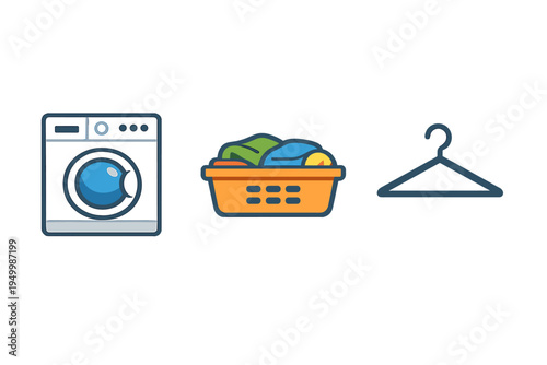 A set of laundry icons featuring a white front-loading washing
