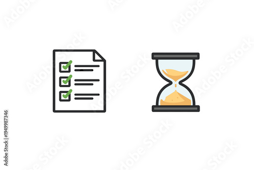 Minimalist vector icons of a completed checklist and an hourglass