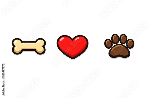 A set of three cute pet-themed icons featuring a cream-colored bone