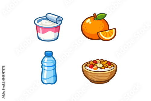 A collection of four healthy breakfast food icons including a yogurt