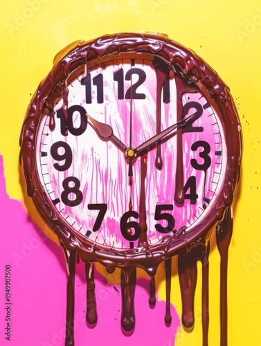 Surreal melting analog clock dripping with dark chocolate on a bright pink and yellow background, time concept.