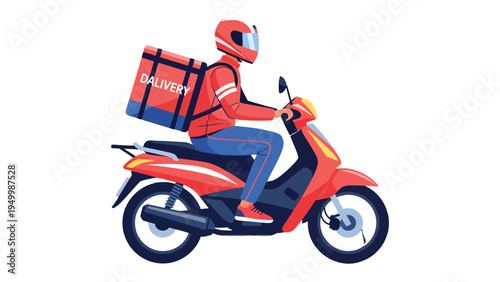 Speedy Delivery: A delivery person on a scooter, equipped with a delivery box, swiftly navigates the cityscape, ensuring prompt and efficient service. Delivering convenience and speed.
