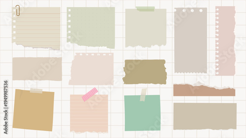 Collection of torn paper notes, various colors and textures. Torn paper, notes, and textures create a vintage, crafty feel. Ideal for scrapbooking or design. Stationery element vector set.
