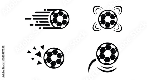 Four black and white soccer ball icons depicting motion and impact
