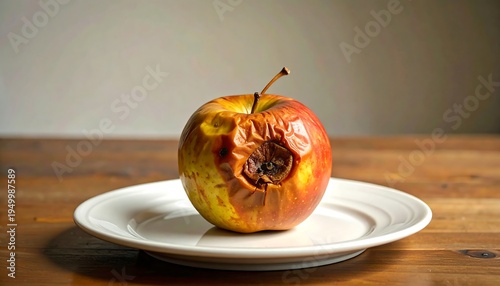 A rotting apple on a white plate on a wooden table