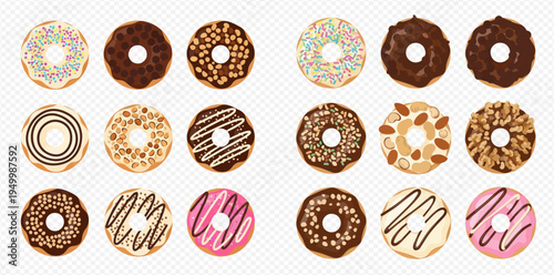 Variety of delicious glazed donuts with sprinkles, nuts, and chocolate toppings on a transparent background.