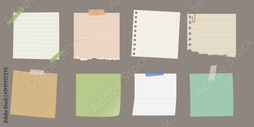 Collection of torn paper notes, various colors and textures. Torn paper, notes, and textures create a vintage, crafty feel. Ideal for scrapbooking or design. Stationery element vector set.