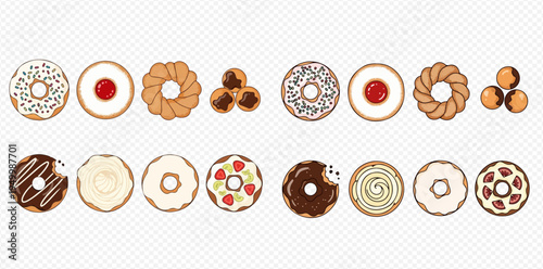 Assortment of various delicious donuts and cookies with different toppings and flavors.