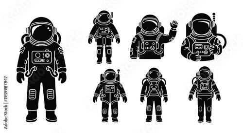 Silhouettes of astronauts in various poses and space suits