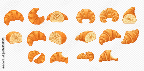 Set of delicious freshly baked golden croissants and pastry rolls, whole and sliced, perfect for breakfast or snack.