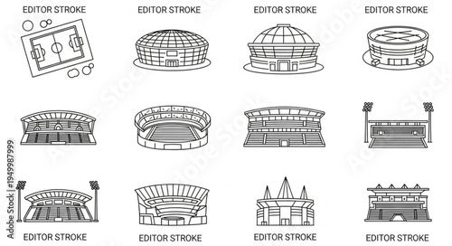 Collection of stadium illustrations showcasing various architectural designs.