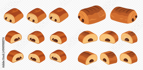 Set of chocolate croissant icons in various views, whole and cut, isolated on transparent background.
